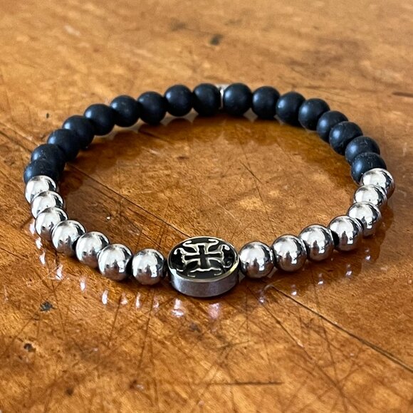 Rustic Cuff Stretch Stainless & Silicone Enamel Logo Bracelet Black & Silver - Picture 2 of 2